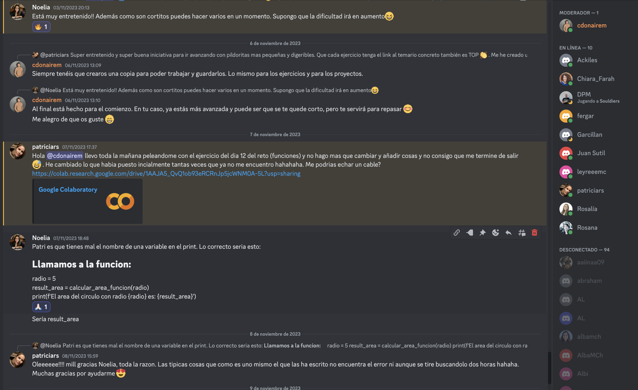 Discord privado de alumnos del máster, con mensajes y comunidad activa