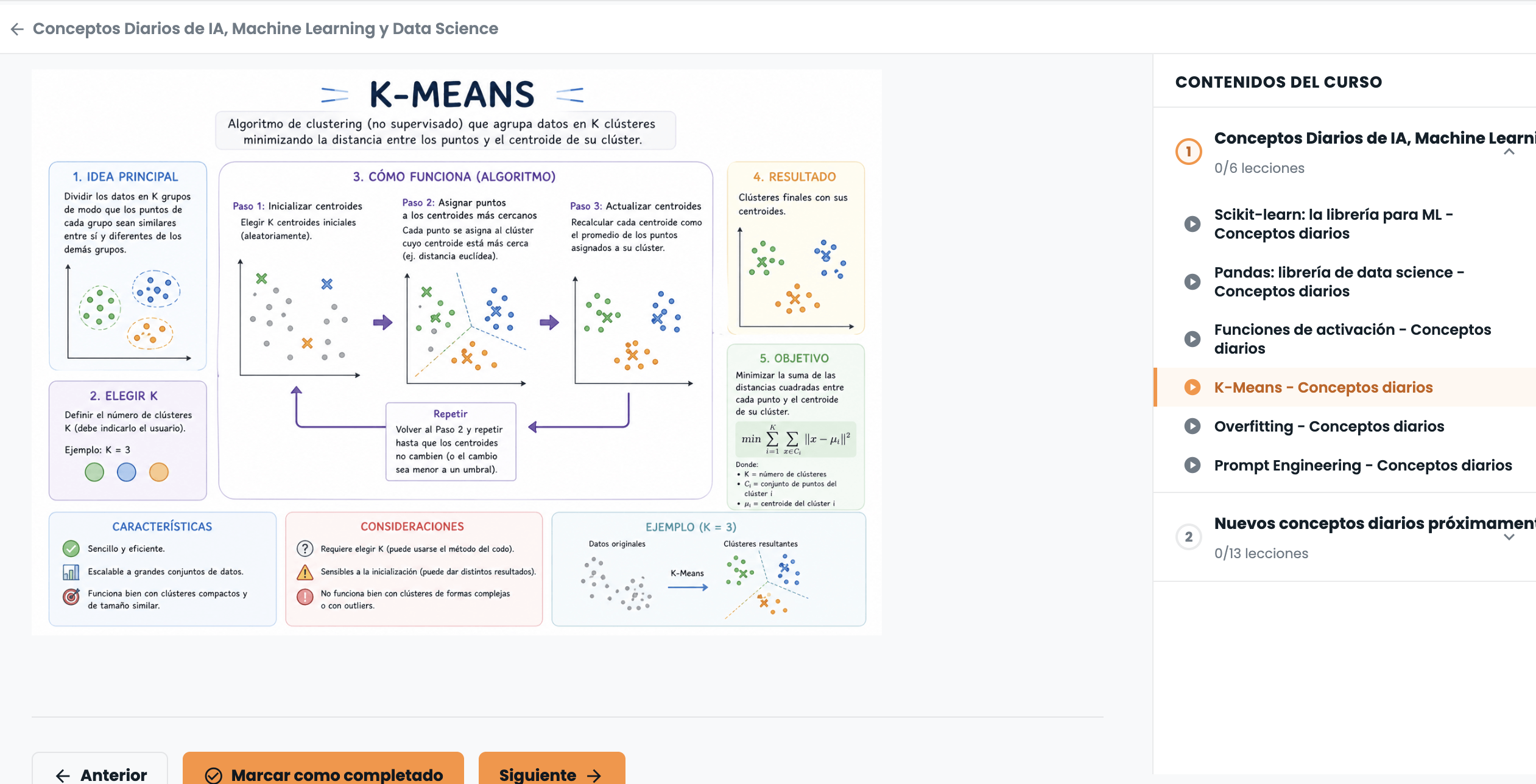 Lección de microlearning: Scikit-learn con sidebar de contenidos del curso