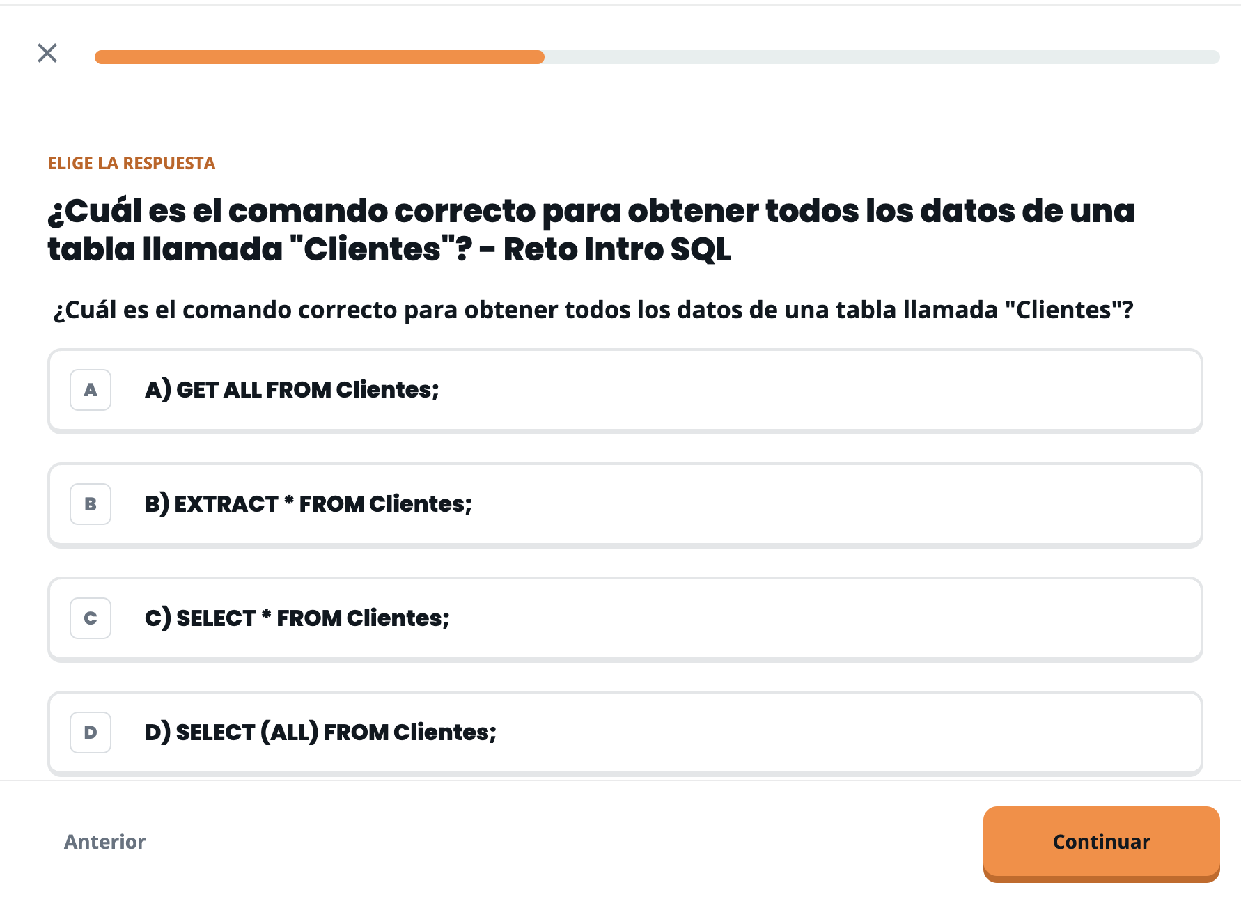 Reto interactivo: pregunta de SQL con opciones múltiples y progreso
